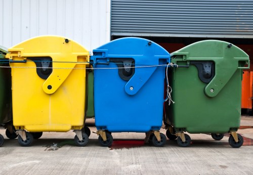 A row of three large, wheeled industrial waste bins positioned outdoors on a concrete surface in front of a building with corrugated metal cladding. The bins are made of durable plastic with textured surfaces, each in a different colour: yellow on the left, blue in the middle, and green on the right. Each bin features a hinged lid with a central handle and a latch mechanism, with small black wheel covers at the base. The bins are arranged side by side, aligned neatly, with their wheels touching the ground. The yellow bin has a metal bar securing the lid, while the green bin has a chain attached to its lid for closure. In the background, part of a grey roller shutter door and a section of a building wall are visible, suggesting a commercial or industrial environment typical for rubbish removal services in Crystal Palace. The scene is well-lit, indicating natural daylight, creating a clear and detailed view suitable for accessibility and local SEO support of the rubbish collection service website.